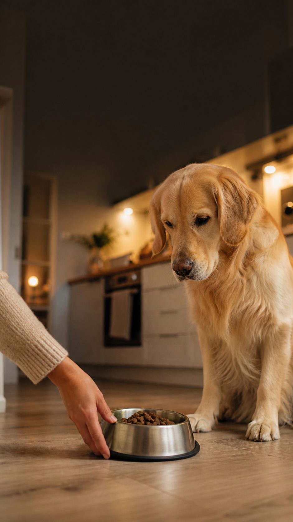 A dog at home being cared for in the evening